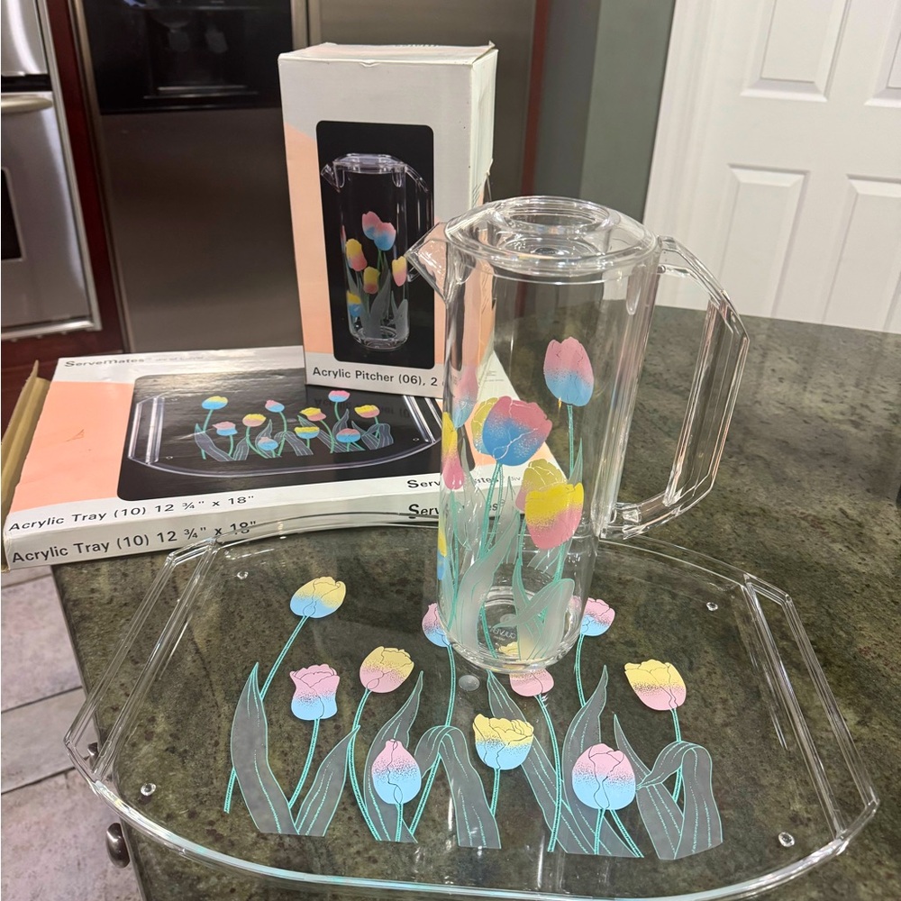 Tulip Set Acrylic Serving Tray Pitcher Vintage New Culver ServeMate Clear IN BOX